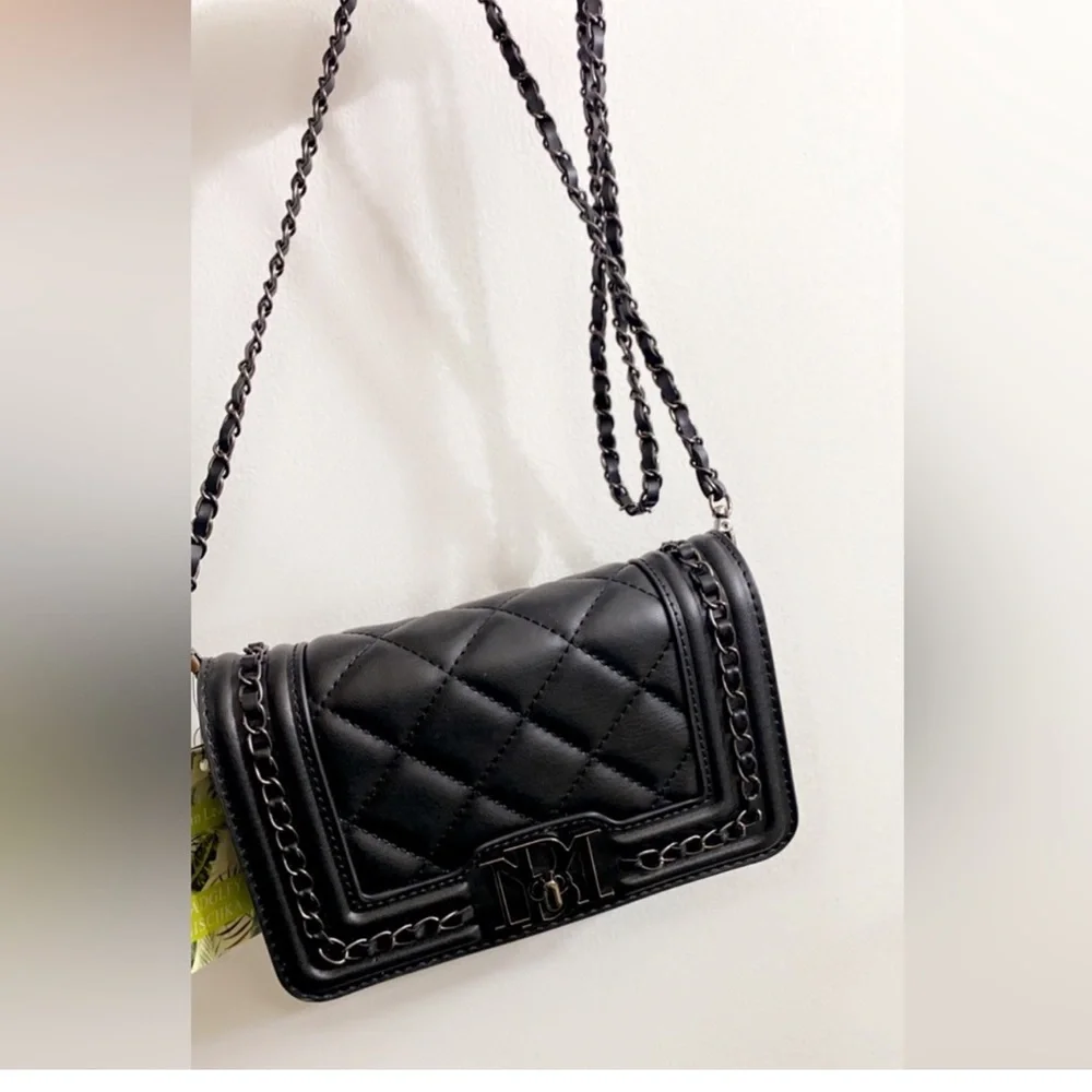 Badgley Mischka Black Vegan Leather Quilted Front Crossbody Bag on Chain Strap.